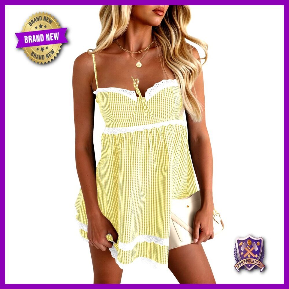 Summer Mini Dress Spaghetti Strap Sweetheart Y2K Plaid Lace Tiered Sundress
